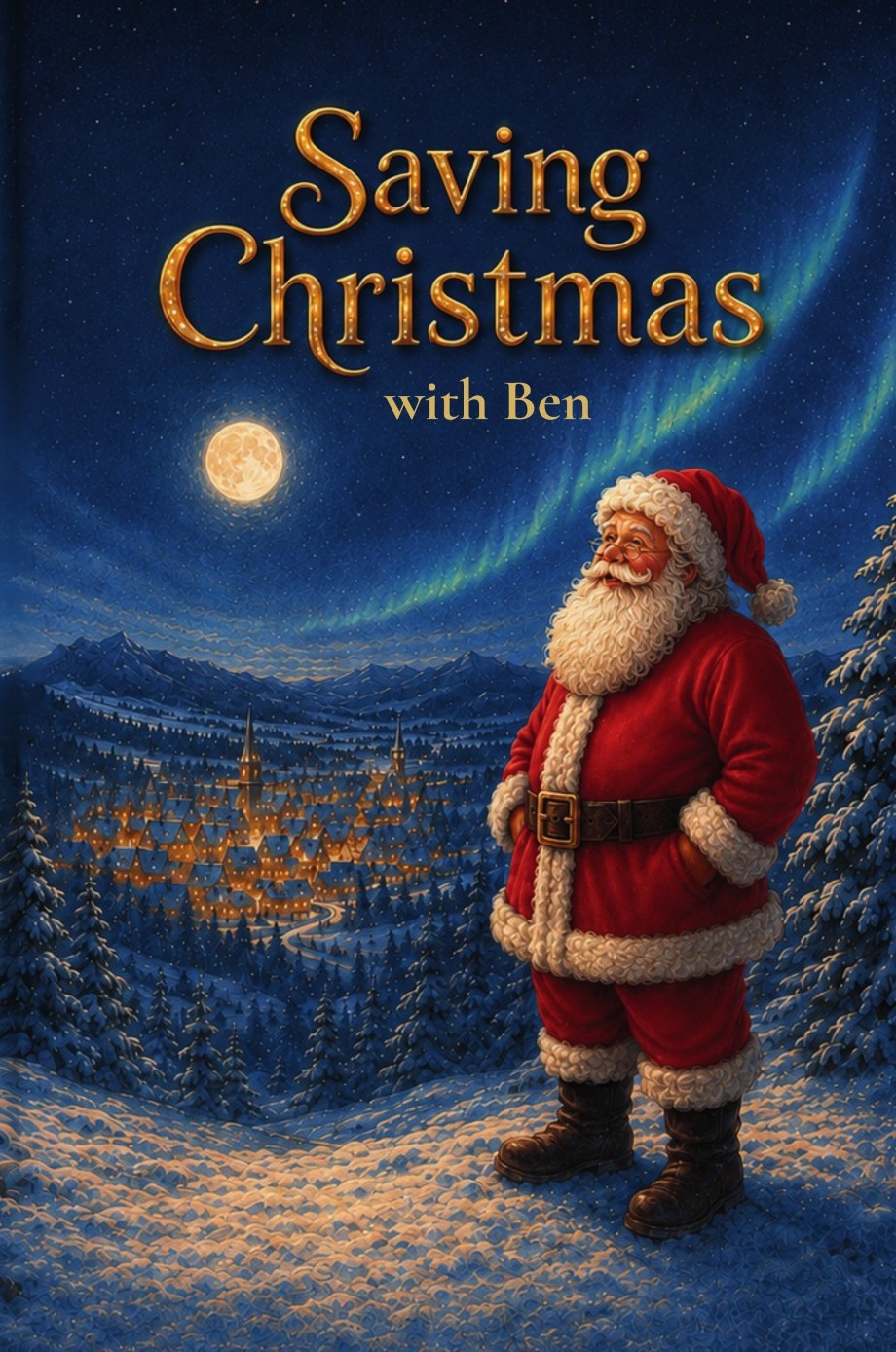 Saving Christmas personalised paperback cover, showing Santa beneath the northern lights